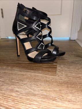 Marciano Black Geometric Cutout Strappy High Heels